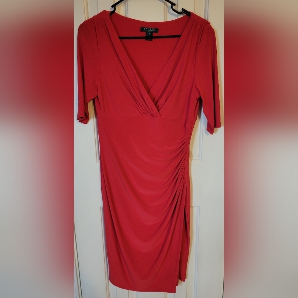 Lauren Ralph Lauren Women's Red Rouched V-neck 3/4 Midi Dress Size 8